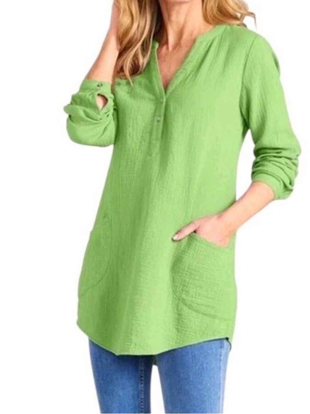 Soft Surroundings Santorini Gauze Pullover Green 100% Cotton Tunic Size L